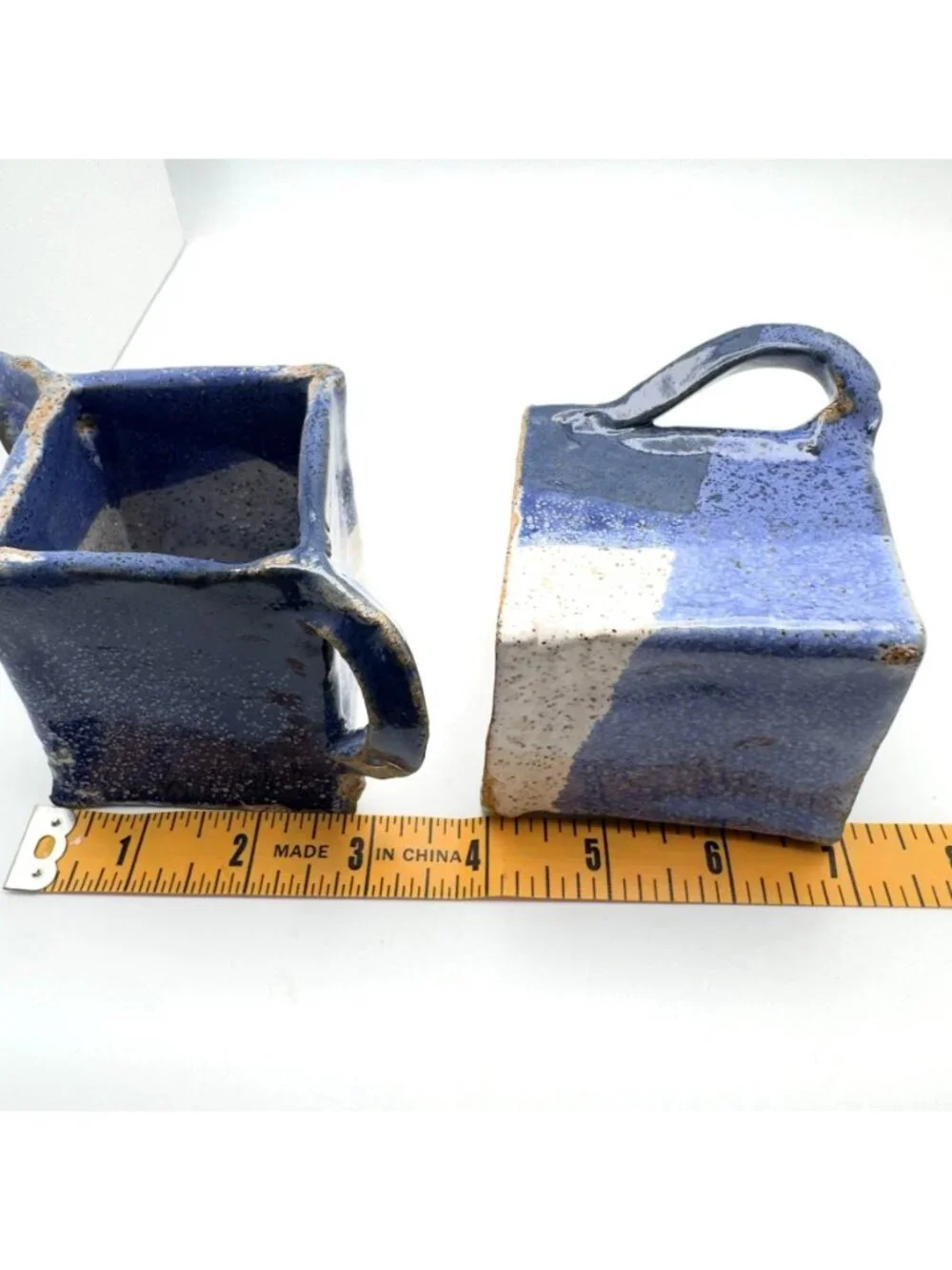 Studio-Made Blue White Pottery Creamer Sugar Ceramic Handcrafted Glaze Signed 3